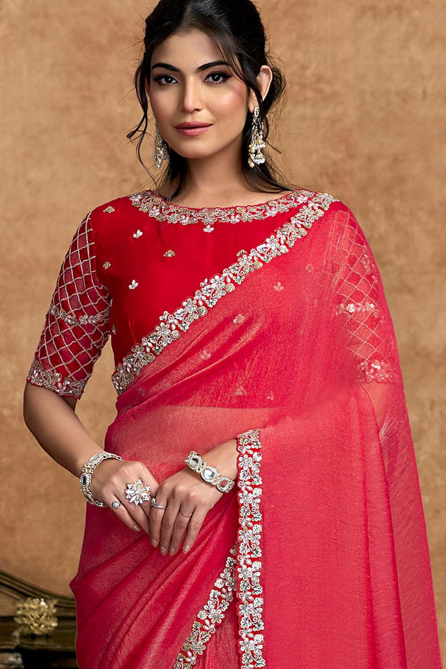 Red Floral Embroidered Satin Saree (ACA6573)
