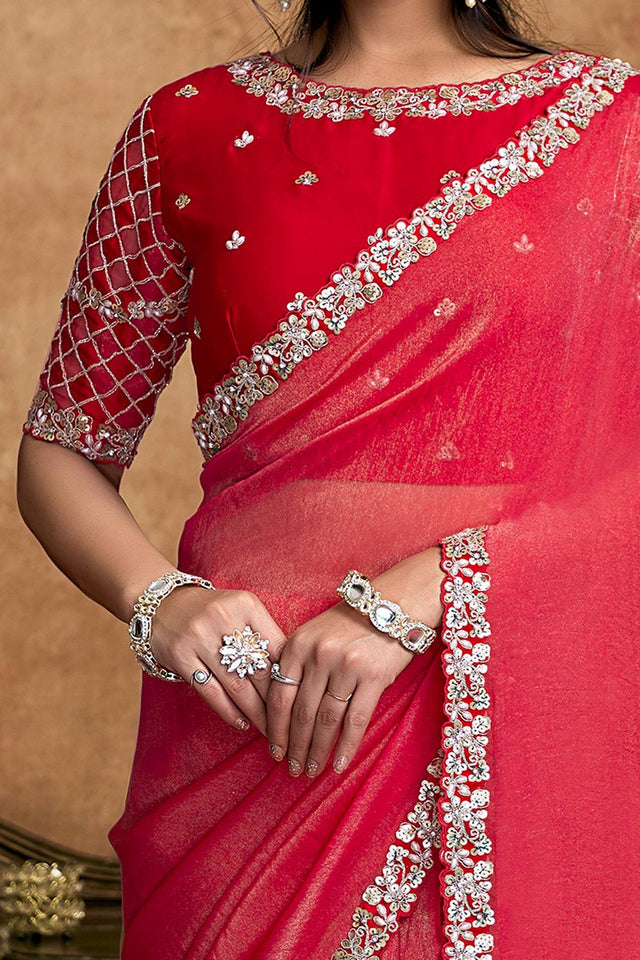 Red Floral Embroidered Satin Saree (ACA6573)