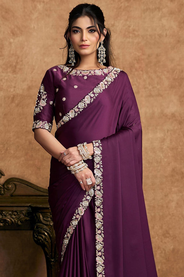 Wine Floral Embroidered Satin Saree (ACA6575)