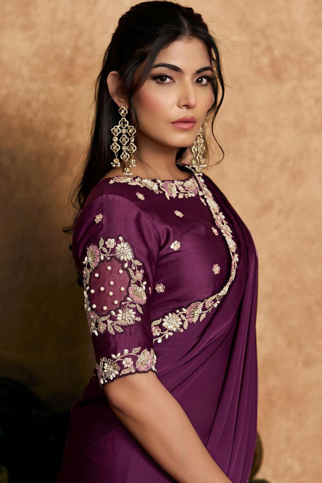 Wine Floral Embroidered Satin Saree (ACA6575)