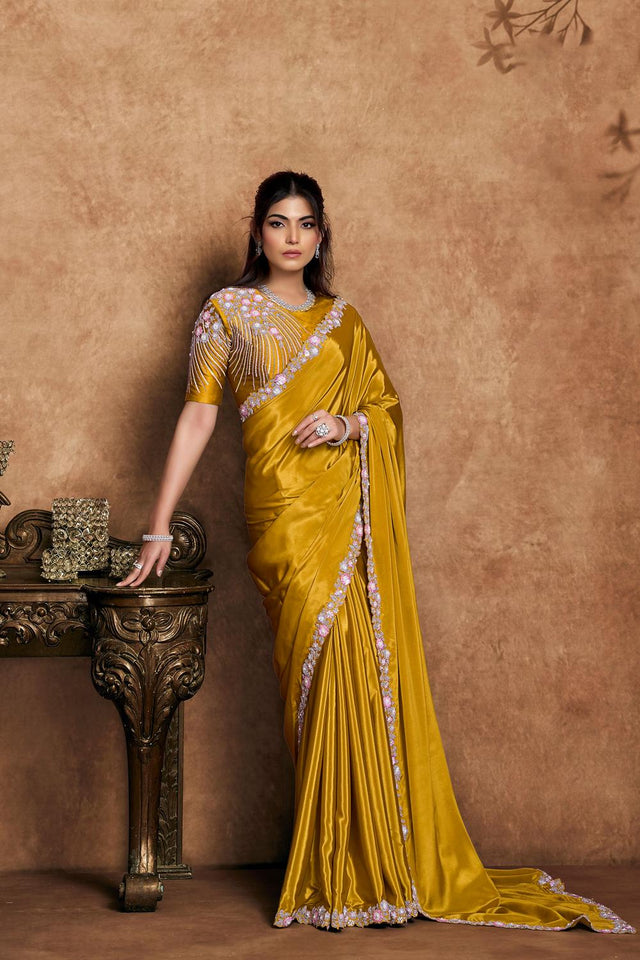Mustard Floral Embroidered Satin Saree (ACA6576)