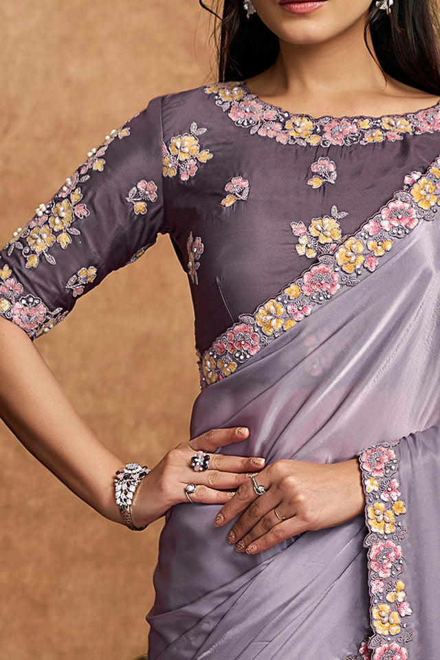 Lavender Embroidered Satin Saree (ACA6579)