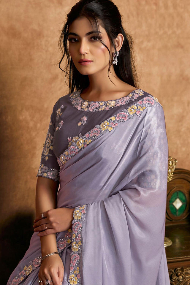 Lavender Embroidered Satin Saree (ACA6579)