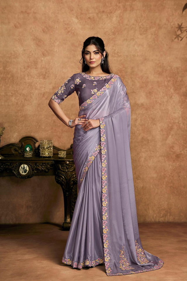 Lavender Embroidered Satin Saree (ACA6579)