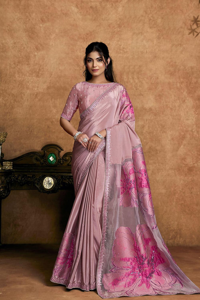 Pink Embroidered Crepe Saree (ACA6580)