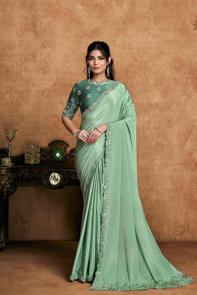 Green Embroidered Satin Saree (ACA6581)