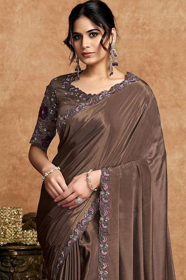 Brown Embroidered Satin Saree (ACA6582)