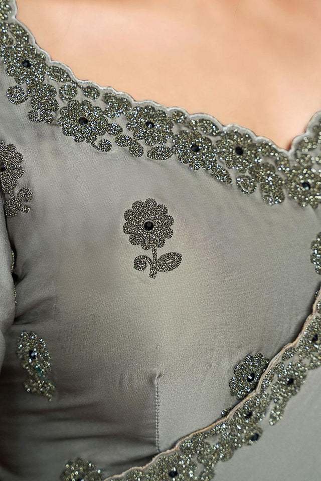 Grey Floral Embroidered Satin Saree (ACA6583)