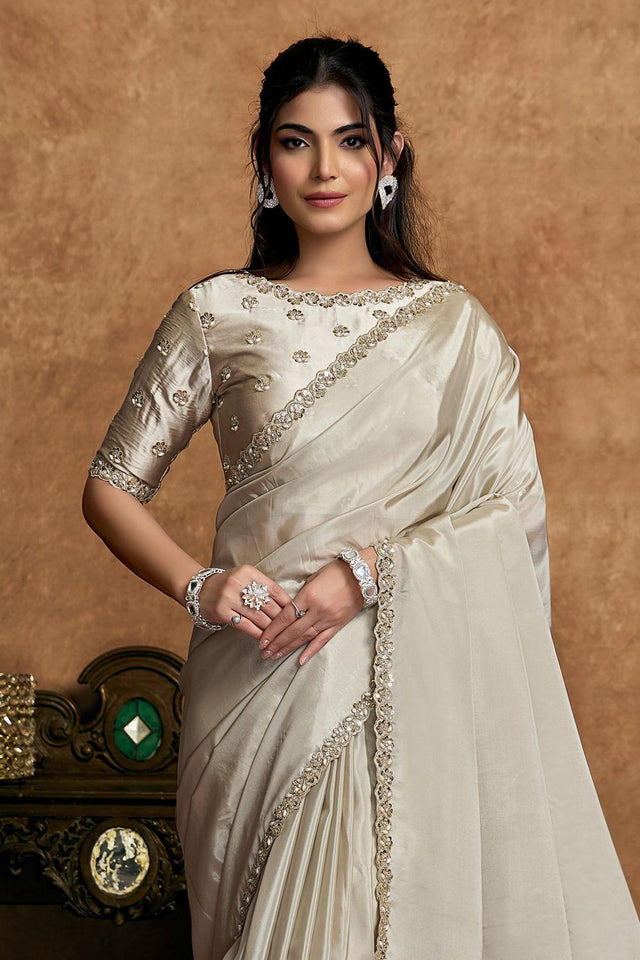 White Floral Embroidered Silk Saree (ACA6584)