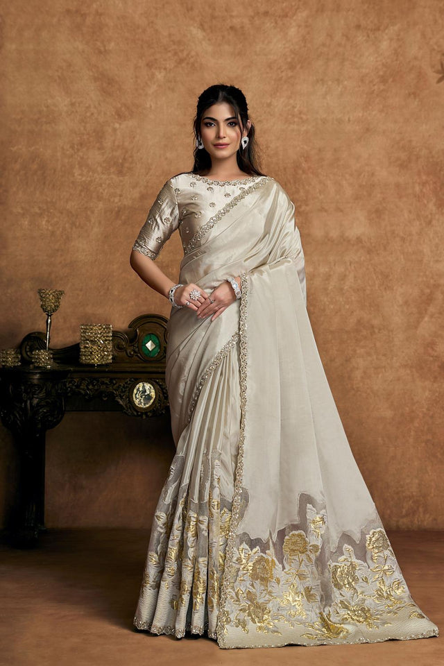 White Floral Embroidered Silk Saree (ACA6584)
