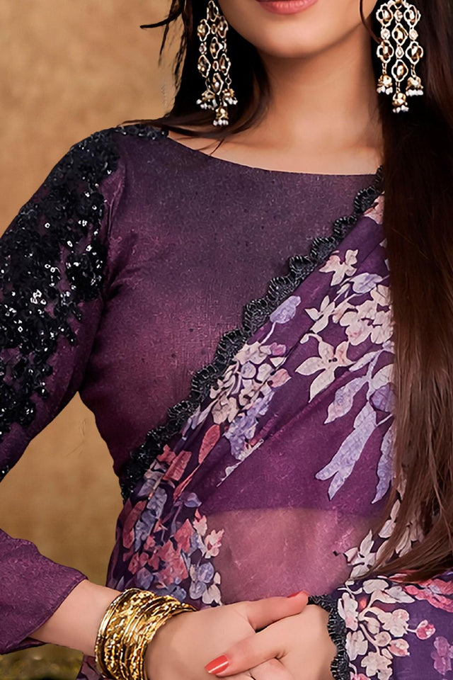 Wine Embroidered Brasso Saree (ACA6586)