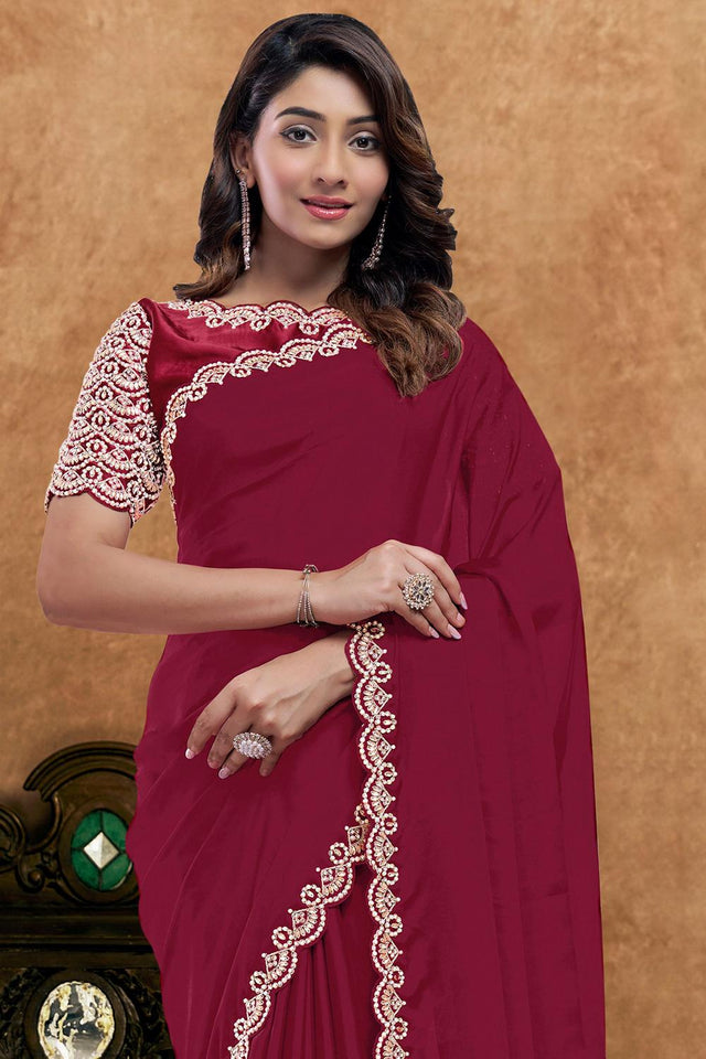 Red Embroidered Silk Saree (ACA6587)