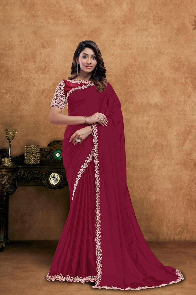 Red Embroidered Silk Saree (ACA6587)