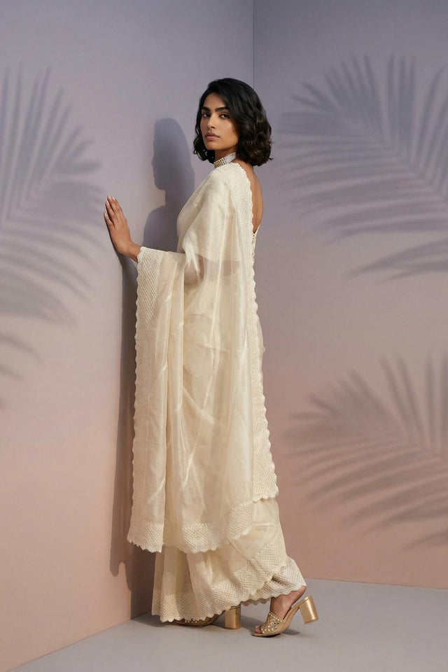 Cream Embroidered Silk Saree (ACA6599)