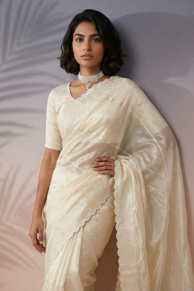 Cream Embroidered Silk Saree (ACA6599)