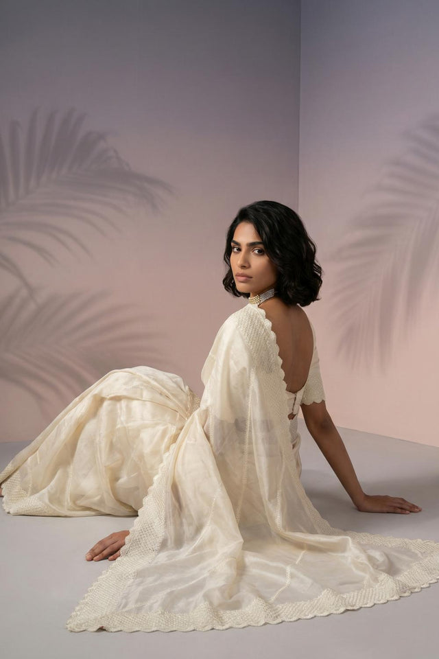 Cream Embroidered Silk Saree (ACA6599)