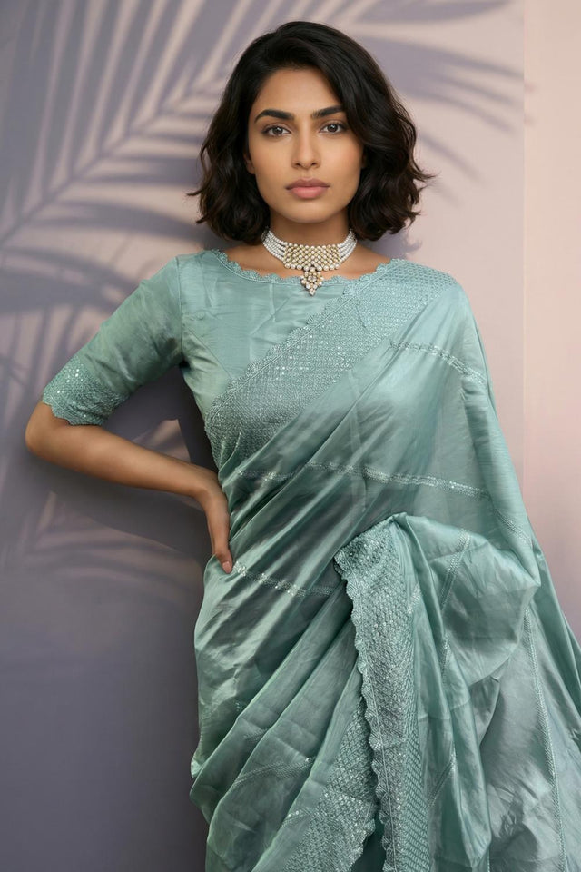Green Embroidered Silk Saree (ACA6600)
