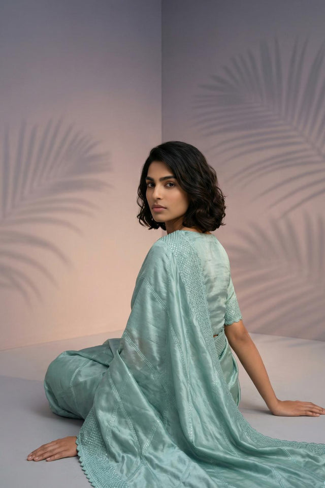 Green Embroidered Silk Saree (ACA6600)