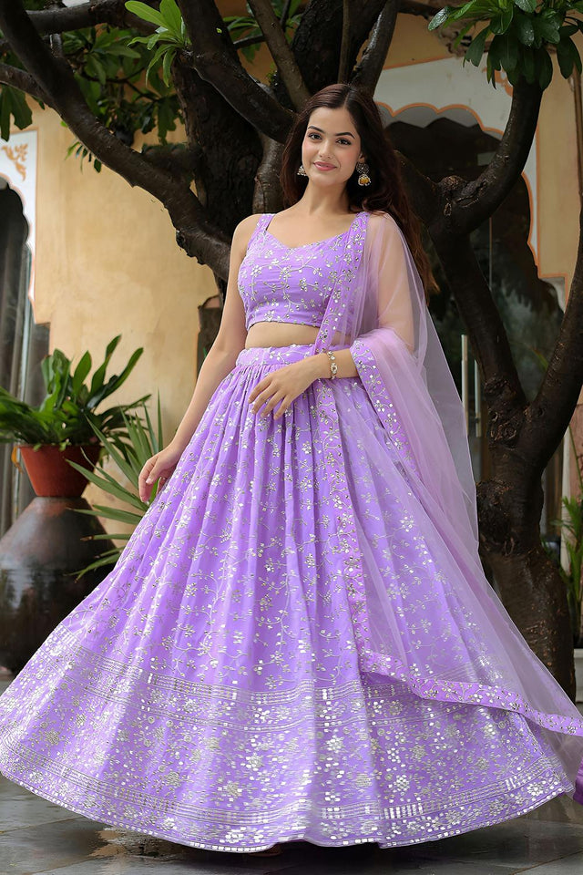 Lavender Sequin with Floral Embroidered Georgette Lehenga (ACA6613)