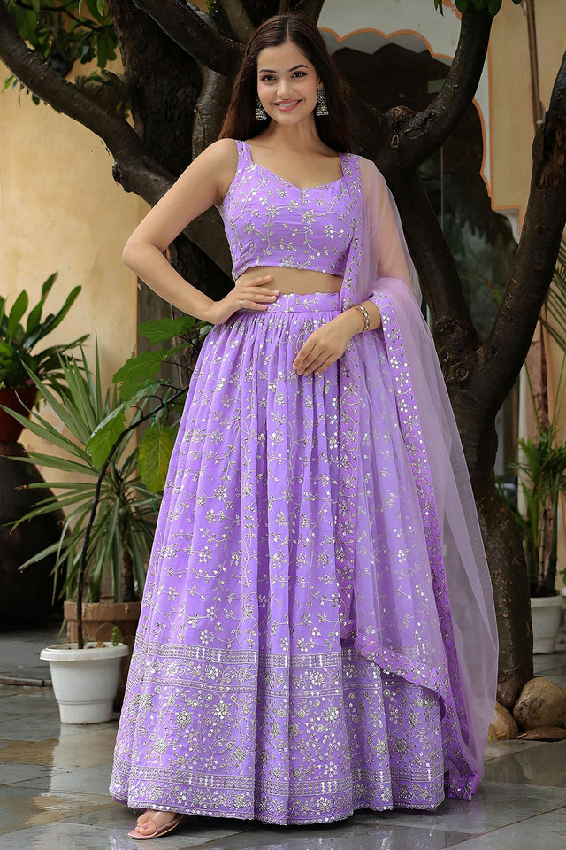Lavender Sequin with Floral Embroidered Georgette Lehenga (ACA6613)