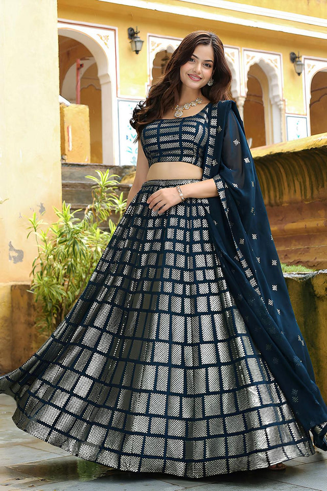 Blue Embroidered Georgette Lehenga (ACA6614)