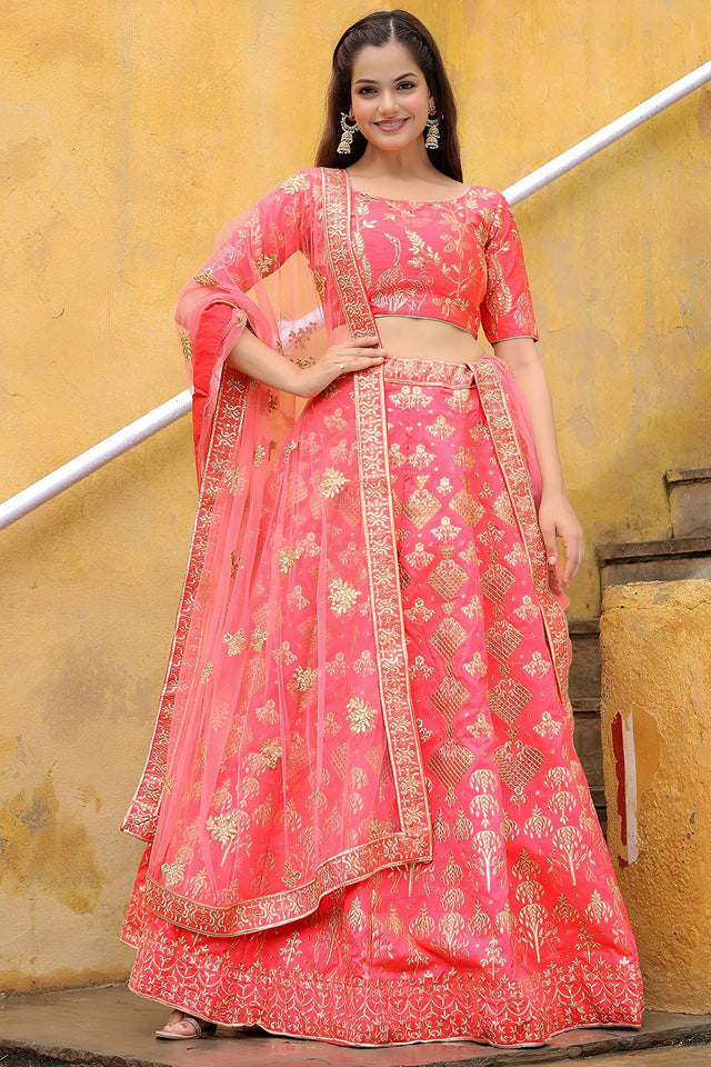 Peach Embroidered Silk Lehenga (ACA6616)