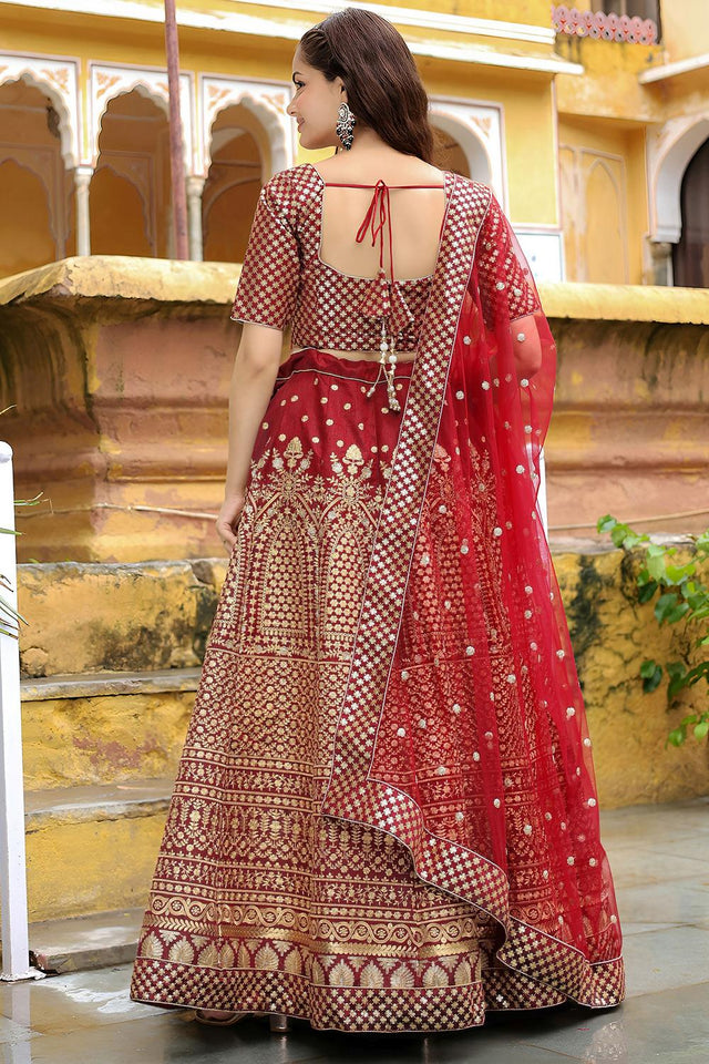Maroon Floral Embroidered Silk Lehenga (ACA6618)