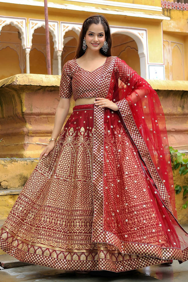 Maroon Floral Embroidered Silk Lehenga (ACA6618)