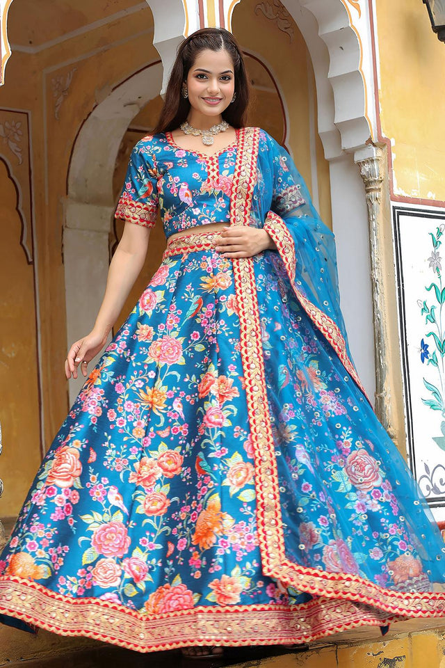 Blue Floral Printed with Embroidered Art Silk Lehenga (ACA6620)