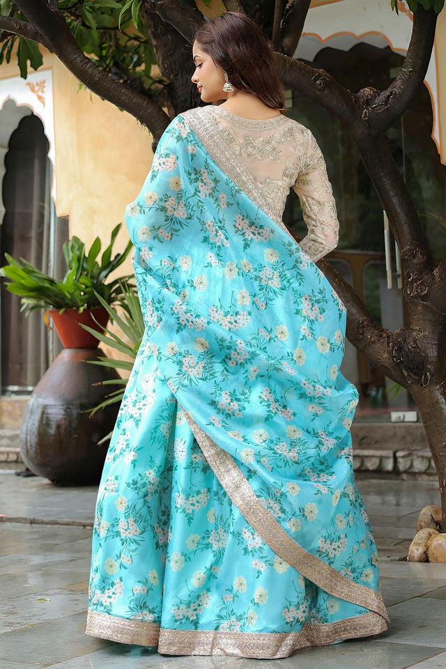 Beige Floral Printed with Embroidered Organza Lehenga (ACA6621)