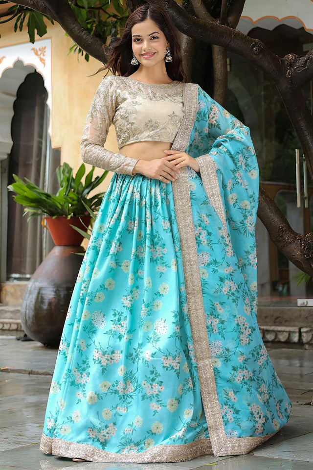 Beige Floral Printed with Embroidered Organza Lehenga (ACA6621)