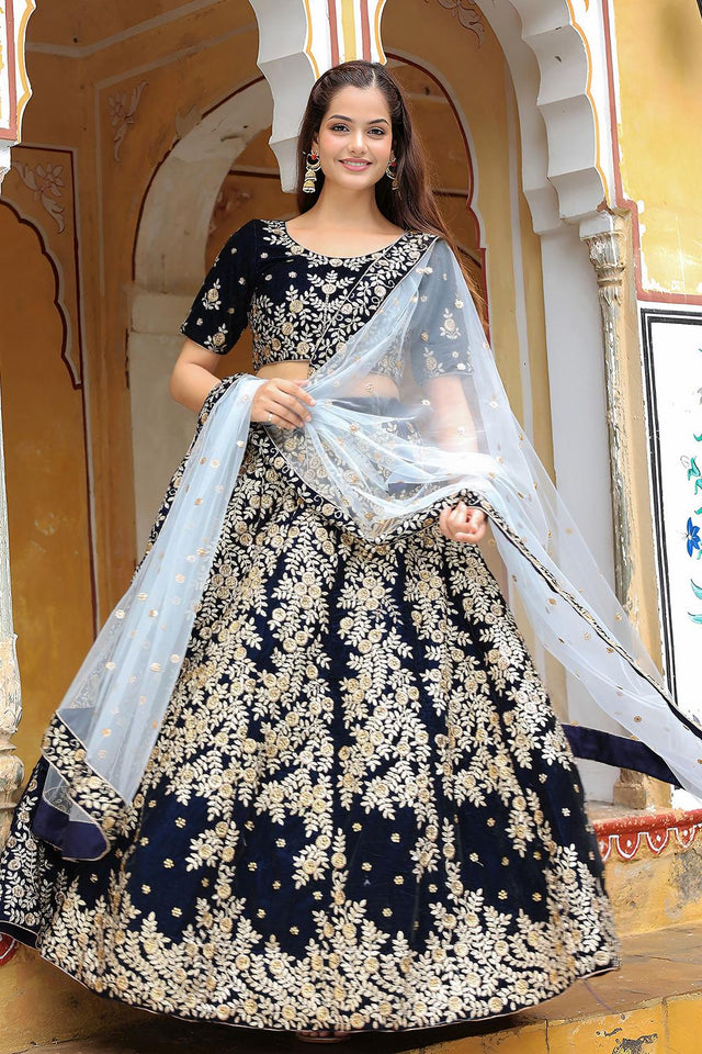 Blue Floral Embroidered Velvet Lehenga (ACA6622)