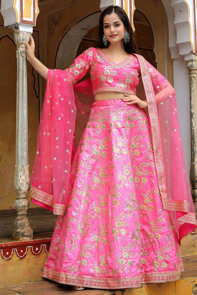 Pink Sequin with Floral Embroidered Silk Lehenga (ACA6623)