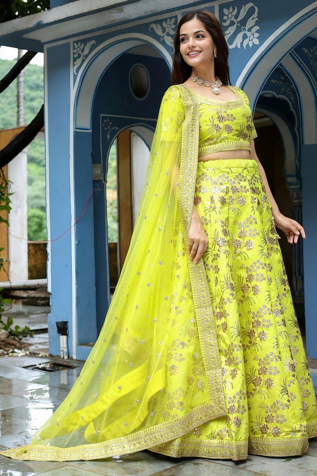 Yellow Sequin with Floral Embroidered Silk Lehenga (ACA6624)