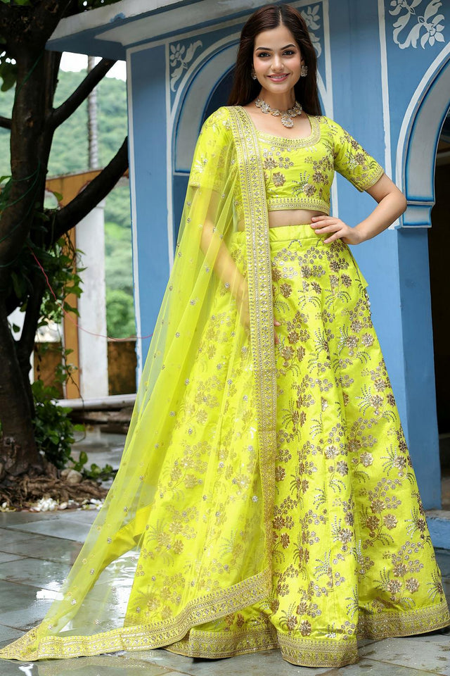 Yellow Sequin with Floral Embroidered Silk Lehenga (ACA6624)