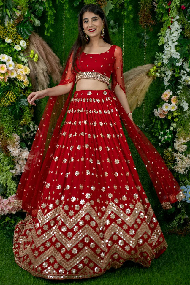 Red Sequin Georgette Lehenga (ACA6640)