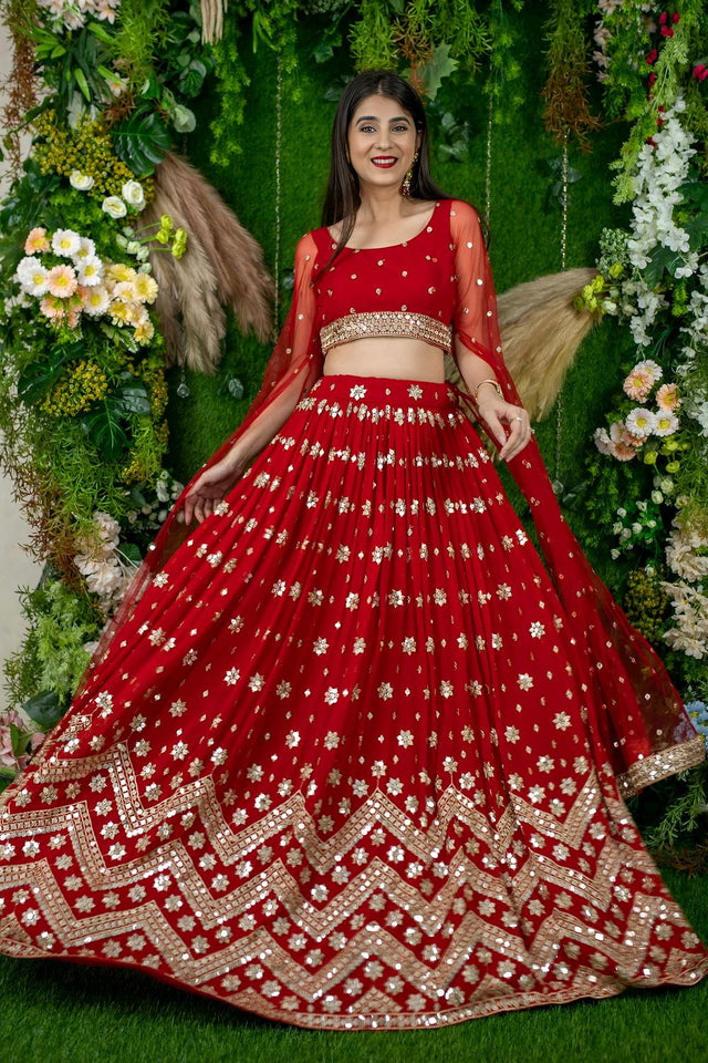 Red Sequin Georgette Lehenga (ACA6640)