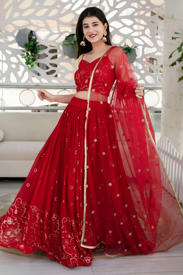 Red Sequin Georgette Lehenga (ACA6644)
