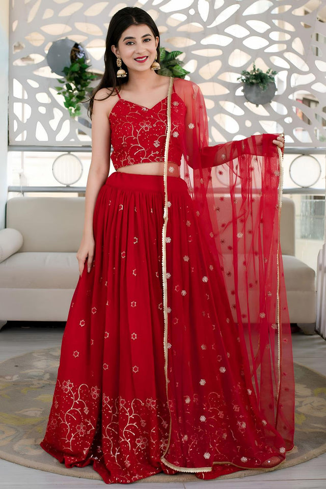 Red Sequin Georgette Lehenga (ACA6644)