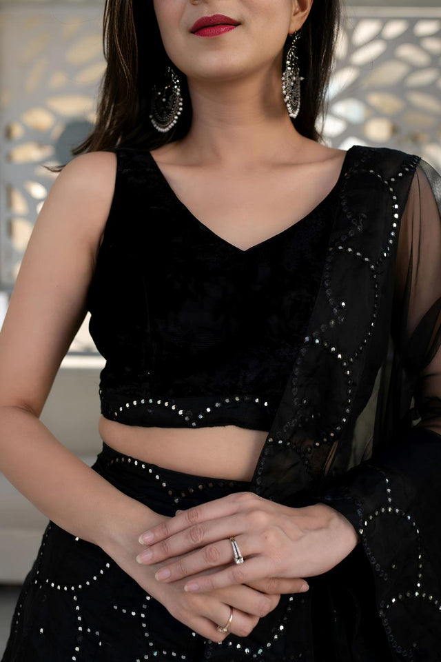 Black Sequin Organza Lehenga (ACA6645)
