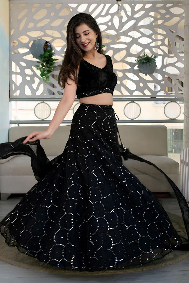 Black Sequin Organza Lehenga (ACA6645)