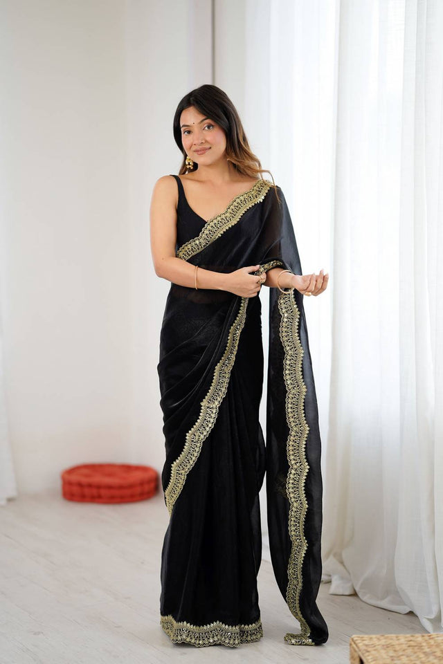 Black Embroidered Silk Saree (ACA6658)