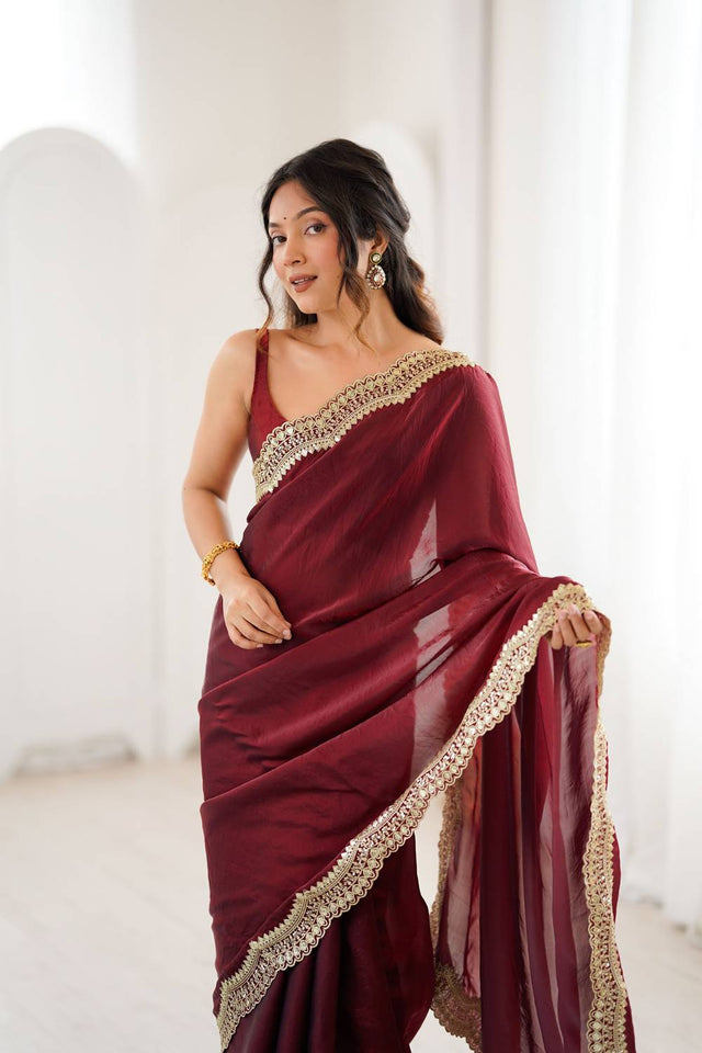 Maroon Embroidered Silk Saree (ACA6661)