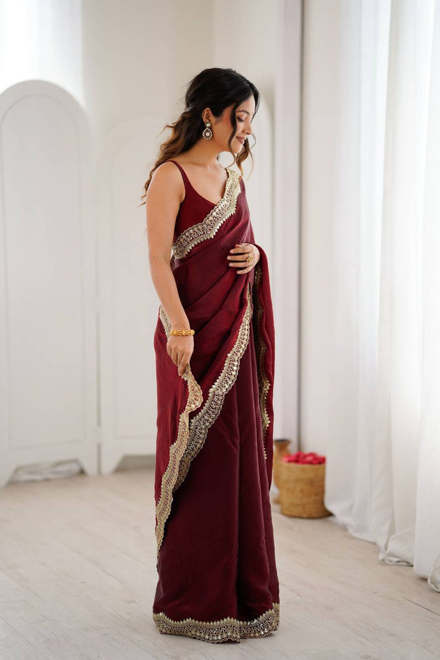 Maroon Embroidered Silk Saree (ACA6661)