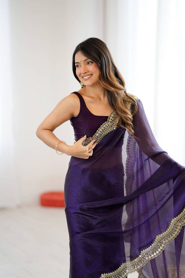 Violet Embroidered Silk Saree (ACA6664)
