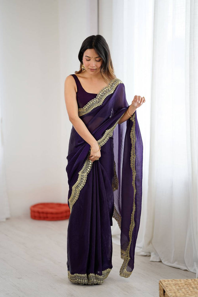 Violet Embroidered Silk Saree (ACA6664)