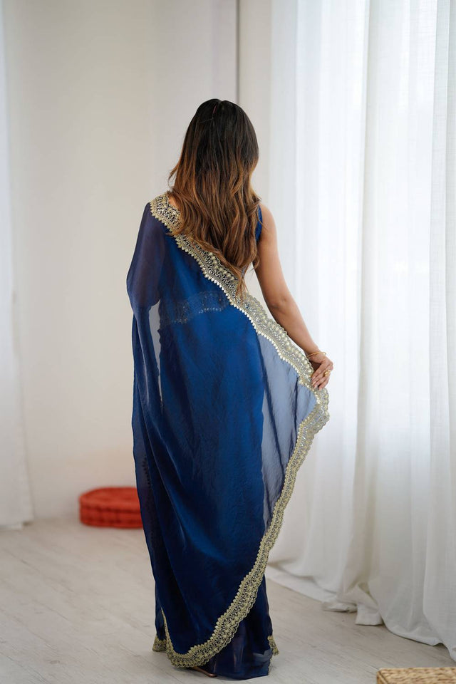 Turquoise Embroidered Silk Saree (ACA6665)