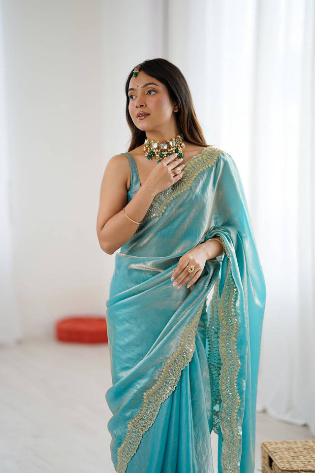 Blue Embroidered Silk Saree (ACA6666)