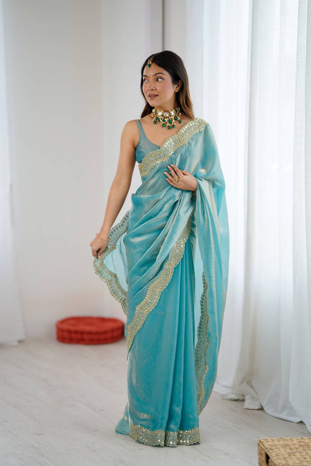 Blue Embroidered Silk Saree (ACA6666)