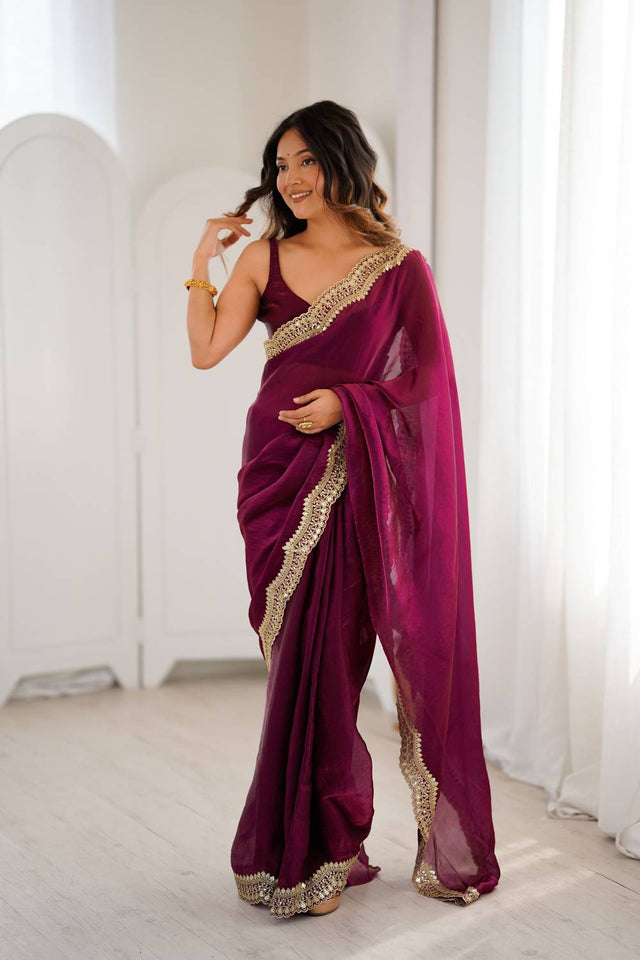 Wine Embroidered Silk Saree (ACA6667)